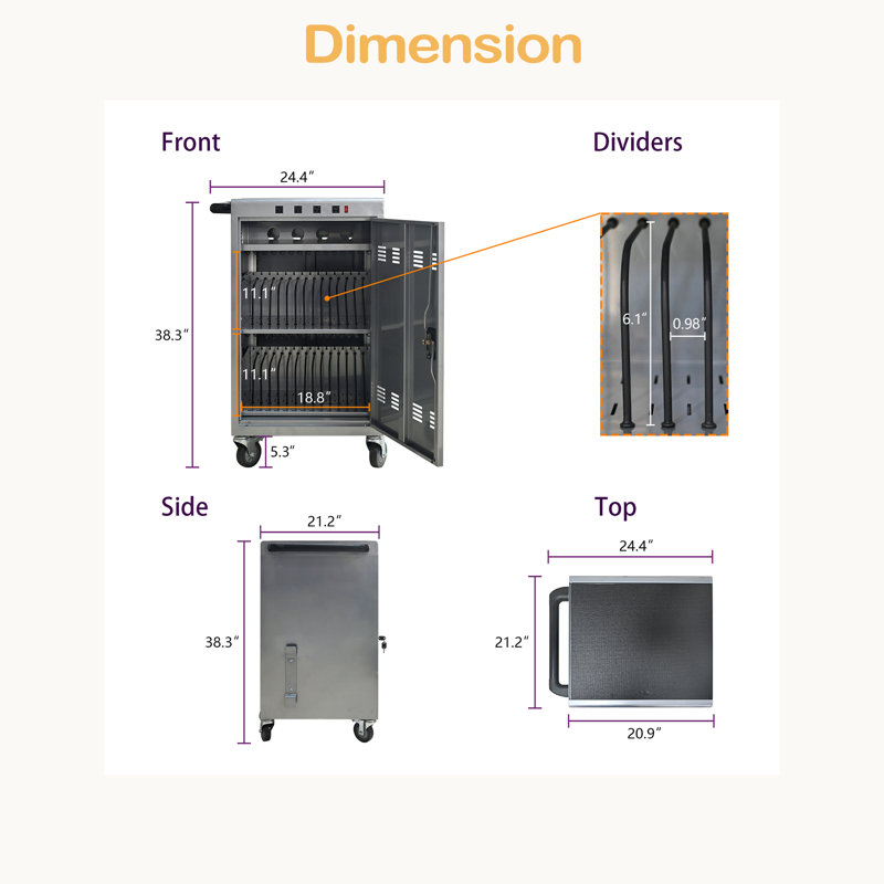 Station de chargement mobile 30 + 2Bay pour Chromebook, tablette et ordinateur portable avec multiprise incluse, Argent