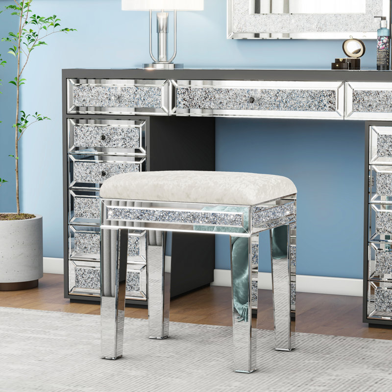 Mikayil White Accent Vanity Stool Makeup Vanity Stool Chair , Pearl White