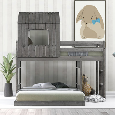 Wooden Twin Over Full Bunk Bed, Loft Bed With Playhouse, Farmhouse, Ladder And Guardrails