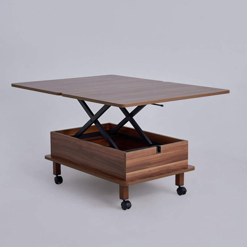 Modern Walnut Coffee Table with Metal Legs, 35.4 x 15.7 x 23.6 inches | 100% Melamine Coated Chipboard, Adjustable Dimensions | Open Design with Wheel Feet, Stylish & Functional for Living Room or Office Use