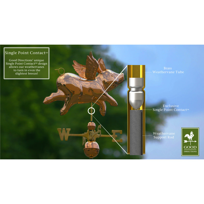 Flying Pig Polished Copper 37'' Weathervane with Brass Directionals