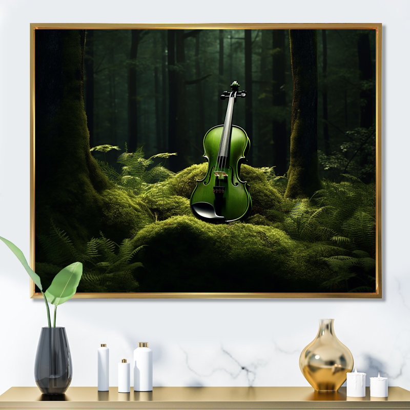Violon verdure dans la forêt III - musique sur toile, art mural, Cadre flottant doré, H 34 po x l 44 po x P 1,5 po