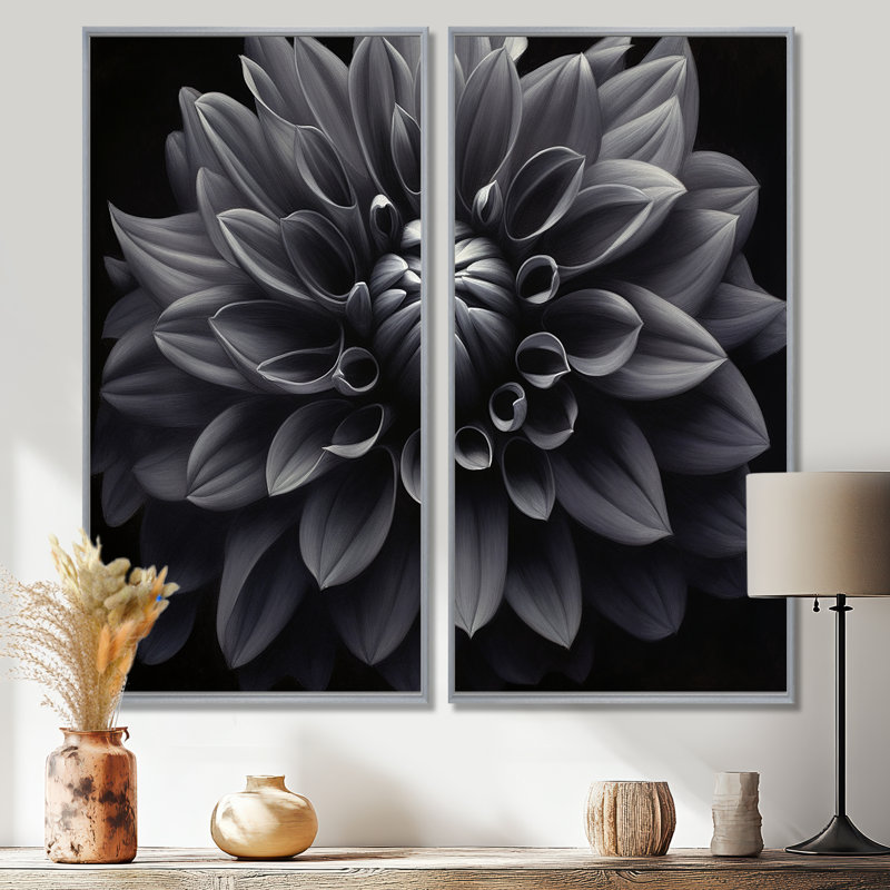 Palette de jardin noir et blanc Dahlia I - art mural noir 2 panneaux, H 20 po x l 24 po, Impression encadrée flottante