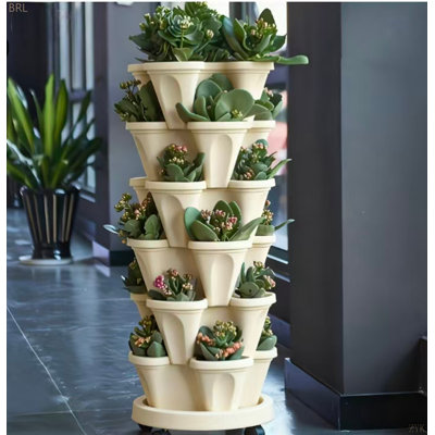 Ensemble 16 pièces de jardinières verticales empilables à 5 niveaux avec roues Plastique durable pour une utilisation intérieure et extérieure; Convient aux fleurs, aux herbes, aux fraises et aux légumes; Comprend les jardinières et le drain