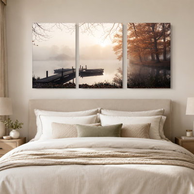 Misty Lake with Autumn Trees and Docked Boats Set Of 3 Canvas Wall Art