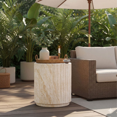 Table d'appoint d'extérieur COSIEST, table de bout de patio en forme de cylindre MgO, table d'appoint légère avec motif ondulé, support de plante rond pour jardin et balcon