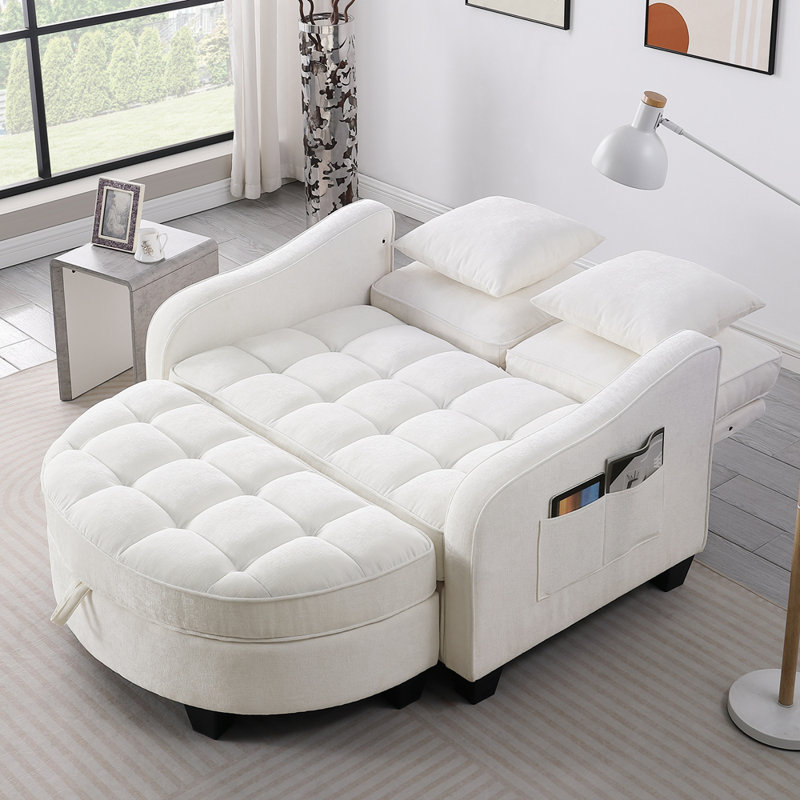 Canapé à deux places, canapé-lit double avec accoudoirs et dossiers irréguliers, repose-pieds avec espace de rangement et deux petits coussins décoratifs