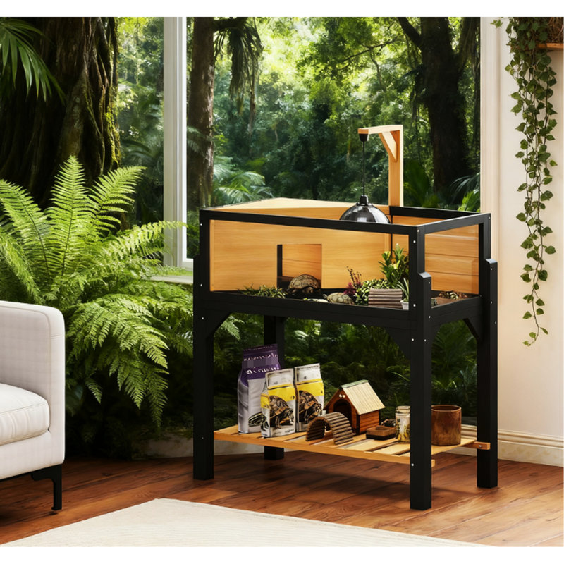 Habitat en forme de tortue en bois jaune, avec tablette de rangement, fenêtres latérales transparentes pour une excellente visibilité, plateau ouvrable et support de lampe - rangement spacieux, bonne vue, fenêtres de vue chaleureuses,