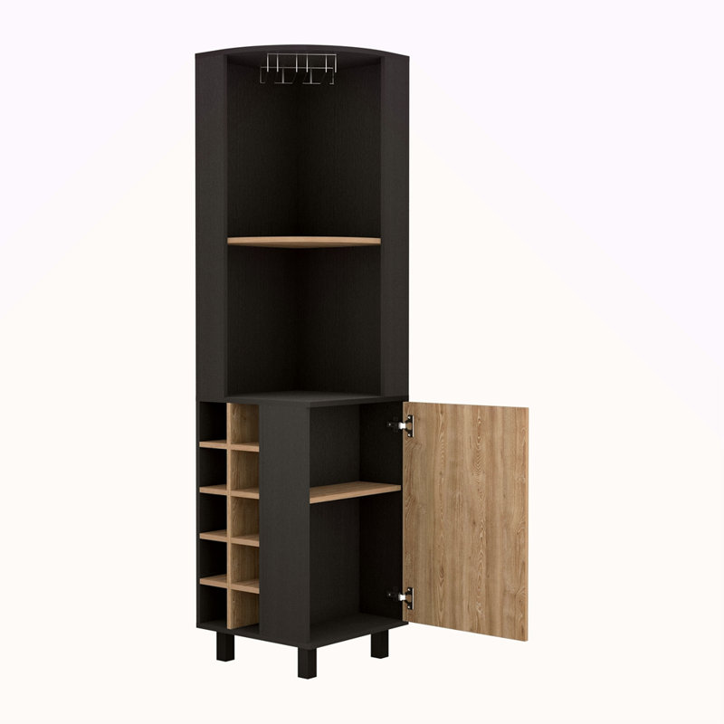 Corner Bar Single Door Cabinet Two Shelves, Ten Built-In Wine Rack, Two Interior Shelves / Pine, Brown