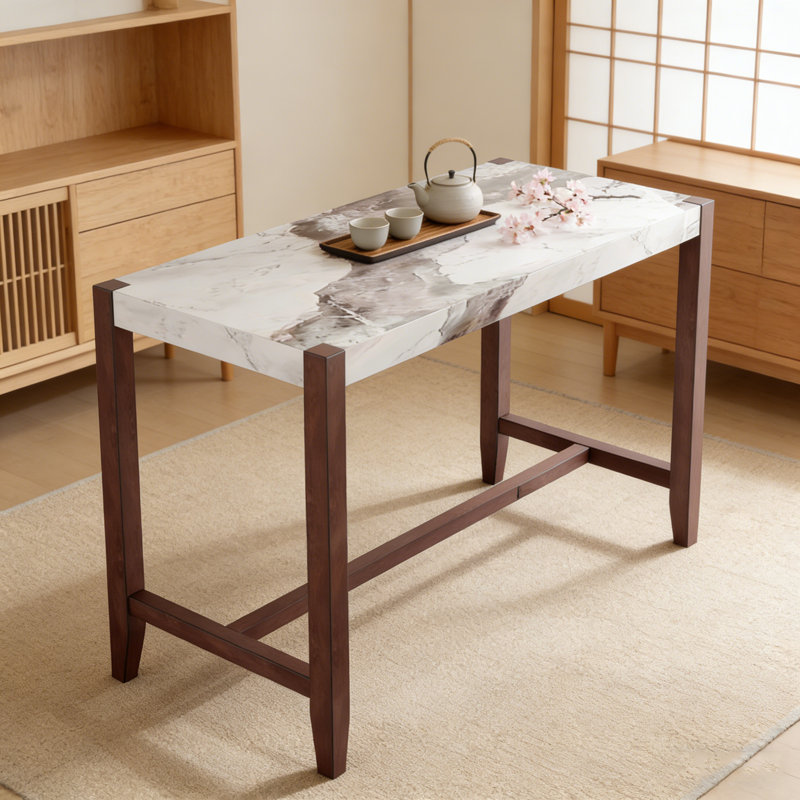 Table de salle à manger à hauteur de comptoir avec plateau en faux marbre et pieds en bois d'hévéa massif pour espaces polyvalents modernes