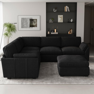 Velvet & Wide Wale Plush Corduroy Modular L - Shaped Sectional Sofa With Removable Ottoman