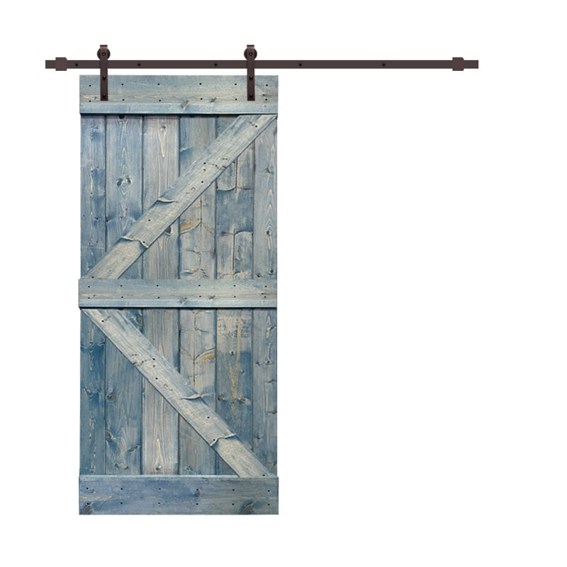 Porte de grange en panneau de bois et métal peint avec ensemble de quincaillerie d’installation, 42 po x 84 po, Bleu denim