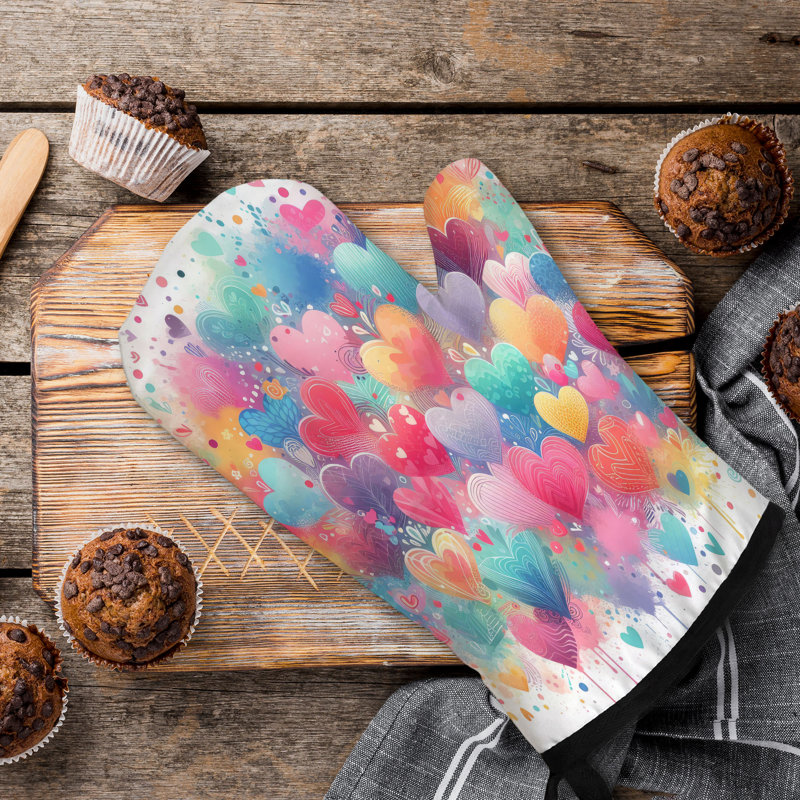 Paint Splashed Hearts Oven Mitt Cotton Twill