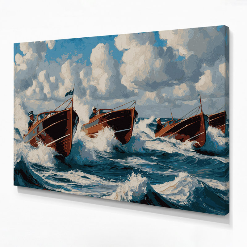 Nautique, bateaux à moteur gris, art mural sur toile, H 24 po x l 36 po