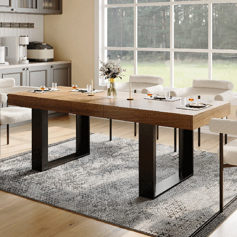 Table de salle à manger rectangulaire extensible, Bois brun / noir