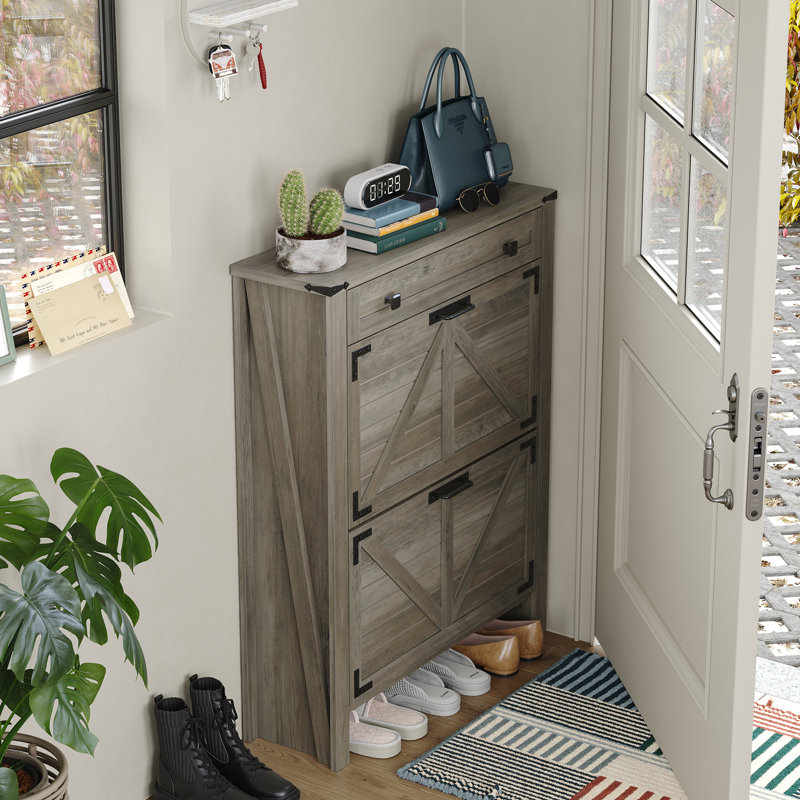 16 Pair Shoe Storage Cabinet with 2 Flip Drawers,Farmhouse Shoe Cabinet for Entryway, Grey