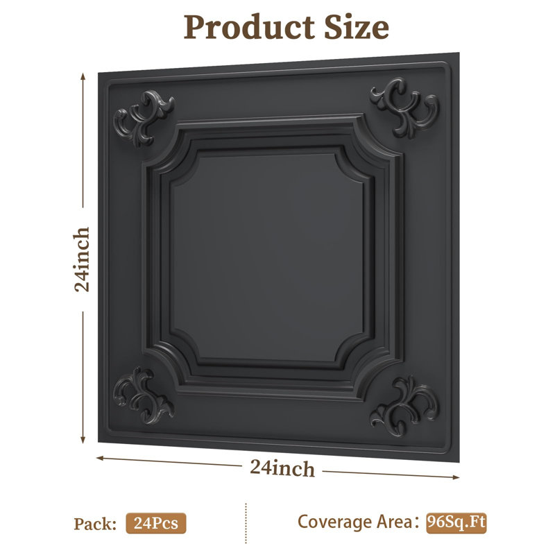 LooYee 24 PCS Black Ceiling Tiles 24x24 Inch, French Style 3D Decorative Ceiling Panels 2x2Ft PVC Waterproof Washable Plastic Material Ideal for Living Room Bedroom Bathroom Garage Cover 96 Sq.Ft