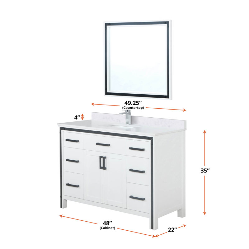 Ziva 48 in W x 22 in D Single Bath Vanity, White Top, 34 in Mirror and Chrome Faucet Set, Dark Gray, White Cultured Marble