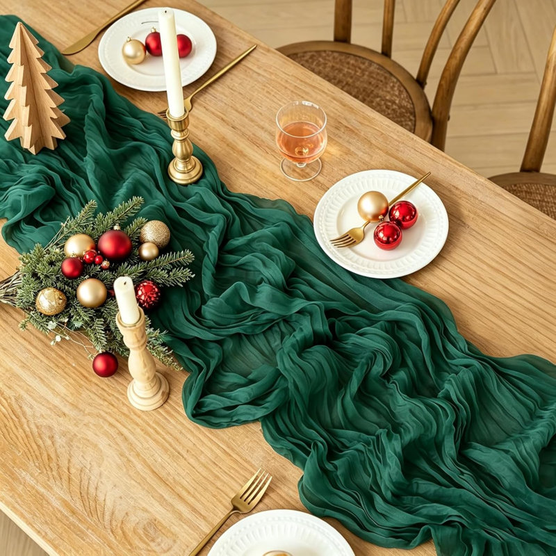 Chemin de table de Noël, chemin de table 10 pieds vert émeraude 35 * 120 pouces, chemin de table rustique vintage pour les fêtes de Noël