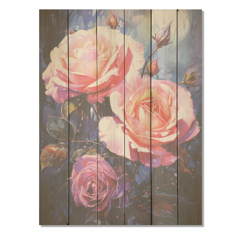 Fleur de néon rose - Roses, art sur bois de pin naturel, H 32 po x l 24 po