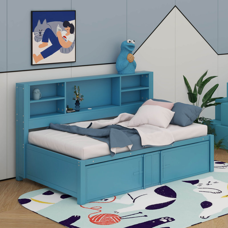 Lit de jour en métal avec couchette, Bleu