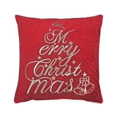 Coussin décoratif Aure, broderie Merry Christmas, velours rouge 20 po