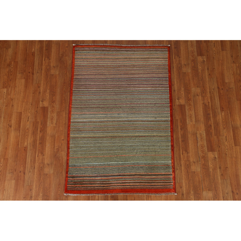 Tapis rouge en laine noué à la main de conception unique 3 pi 3 po x 4 pi 10 po New Age