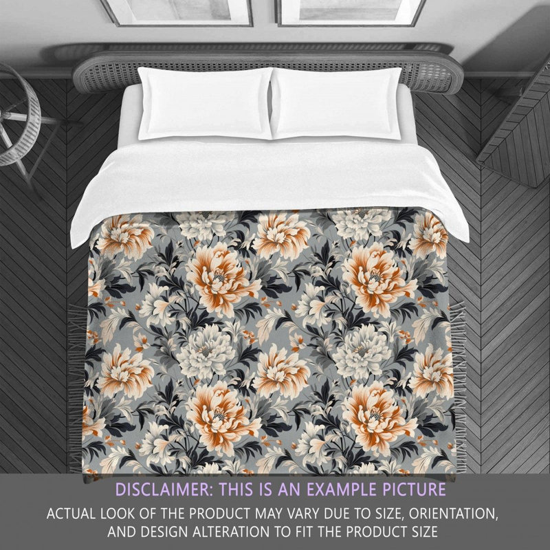 Polyester Floral Comforter, Twin Extra Long Comforter, Gray/Orange