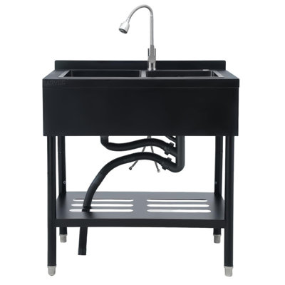 36.6" Freestanding 2-Compartment Utility Sink – Stainless Steel with 360° Dual-Outlet Faucet & Drain Kit for Kitchen, Laundry, or Garage