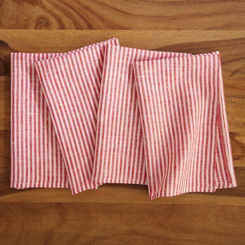 Red and White Narrow Stripe Linen Dinner Napkins, Set of 4
