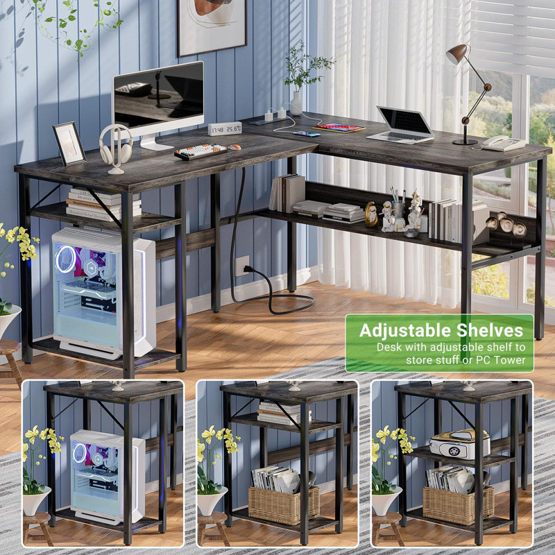 Afjol 47'' Reversible L Shaped Desk with Storage, Power Outlet and USB Ports