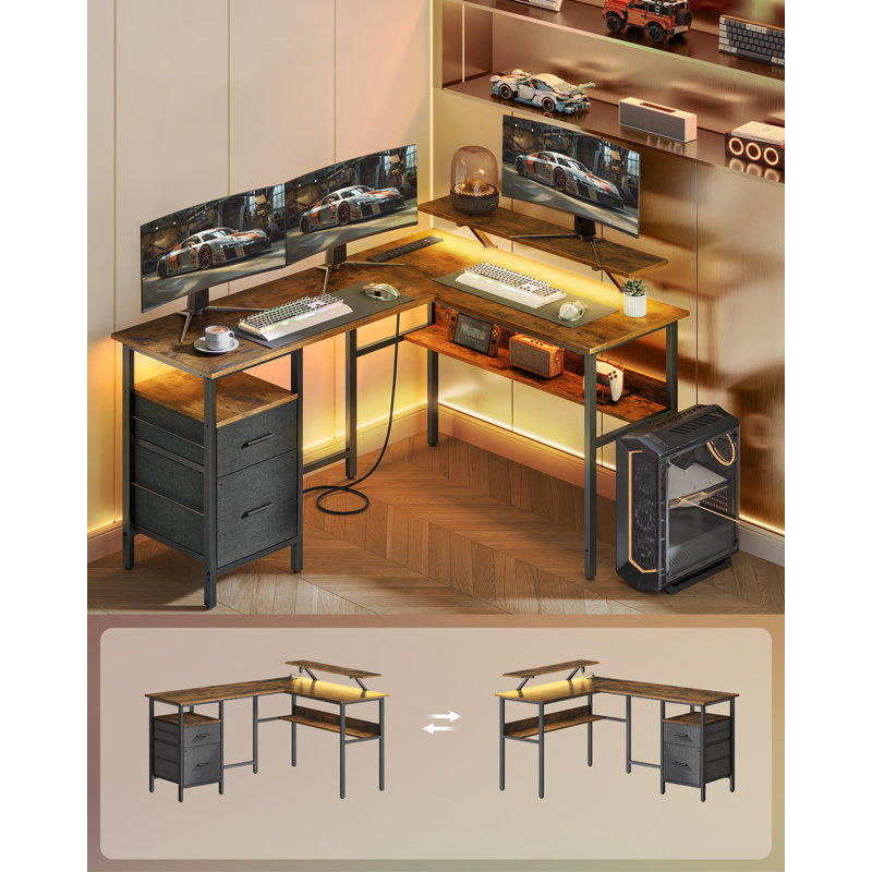 Epone L-Shaped Steel Computer Desk with Built-In Electrical Outlet, Rustic Brown