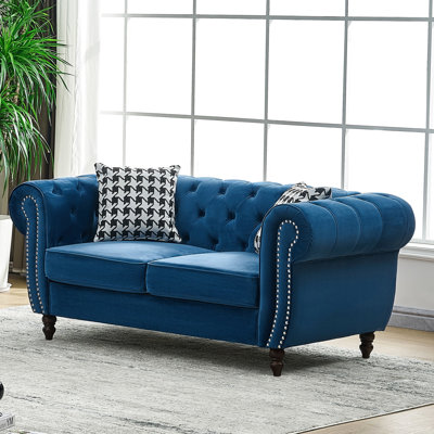 Blue 65" Mid Century Modern 2 Seater With Velvet Upholstery, Roll Armrest, Nailhead, Solid Wood Frame, Spring Packs And High - Density Foam, For Apartment In Rolled Arms, Pine Wood, Medium Soft Seat,