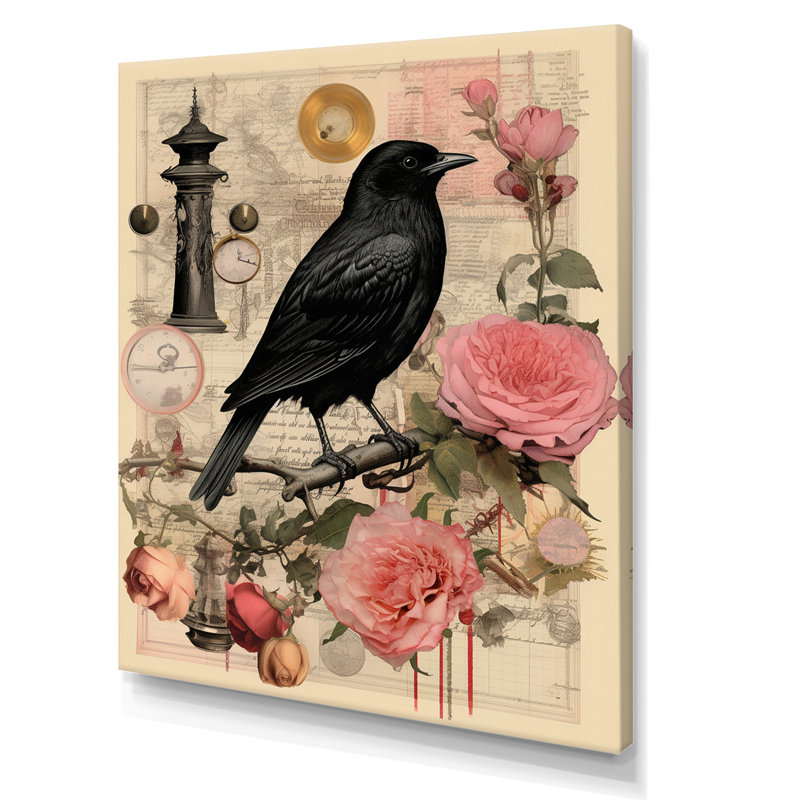 Corbeau noir - Illustration rétro - impression, Toile tendue, H 20 po x l 12 po x P 1 po