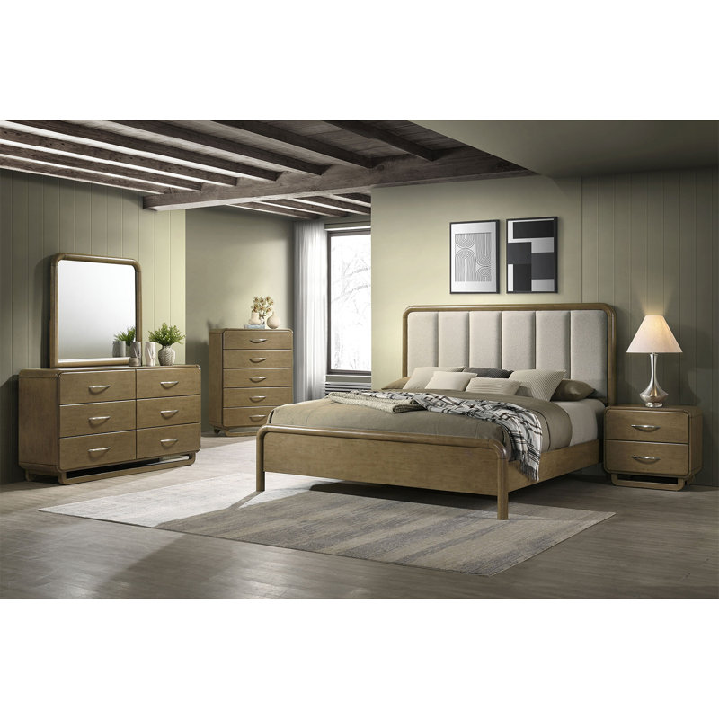 Ensemble de chambre à coucher 5 pièces pour grand lit tapissier en muscade et beige