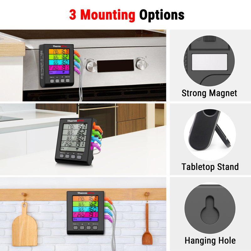 Black Digital Meat Thermometer with Color-Coded Probes
