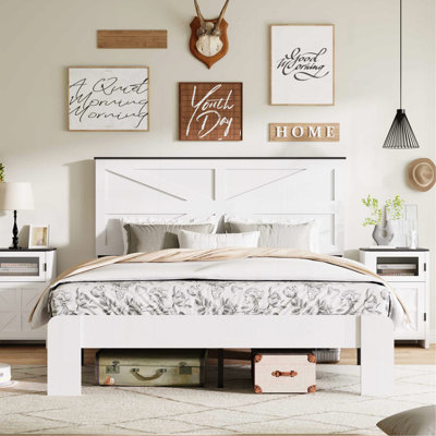 Tête de lit très grand, cadre de lit plateforme en bois, silencieux, aucun sommier nécessaire et outil d'assemblage facile, grand rangement sous le lit, blanc