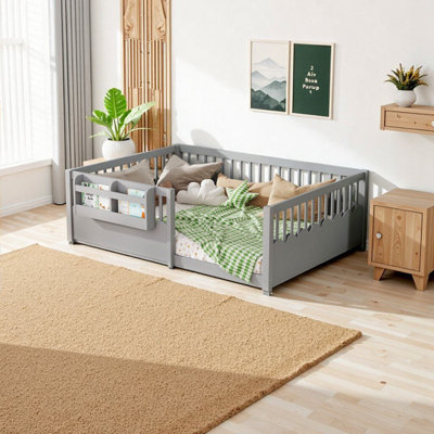 Lit double Montessori avec rails de sécurité et bibliothèque - gris