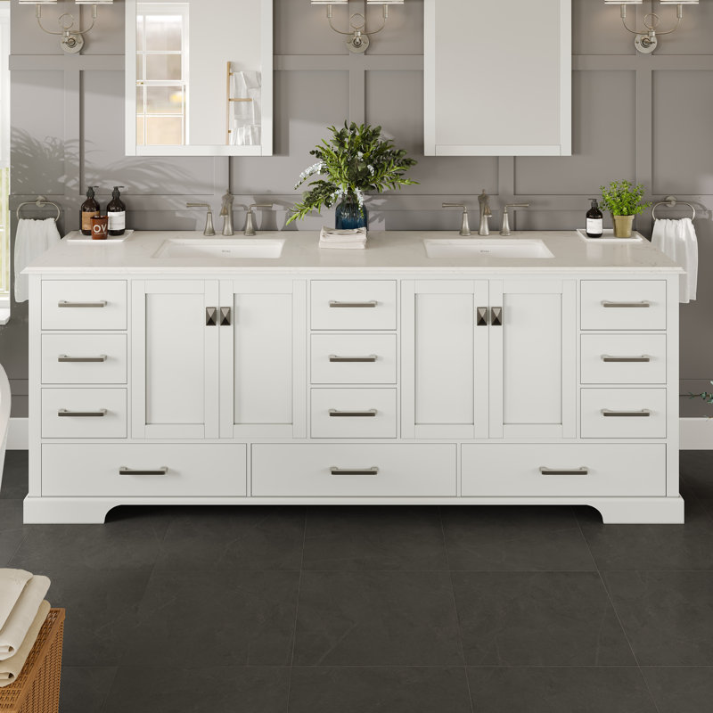 Meuble-lavabo double en porcelaine encastrable l 84 po x P 22 po Detwiler, Quartz - blanc de Carrare, Blanc