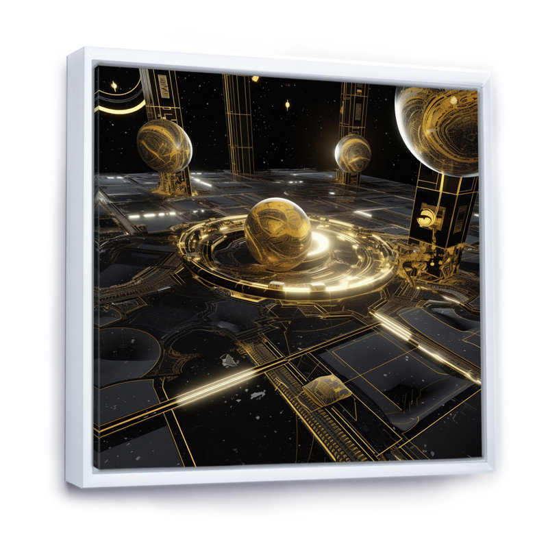 " Futuristic Circular Golden Sphere I ", White Floater Framed, 16" H x 16" W x 1" D