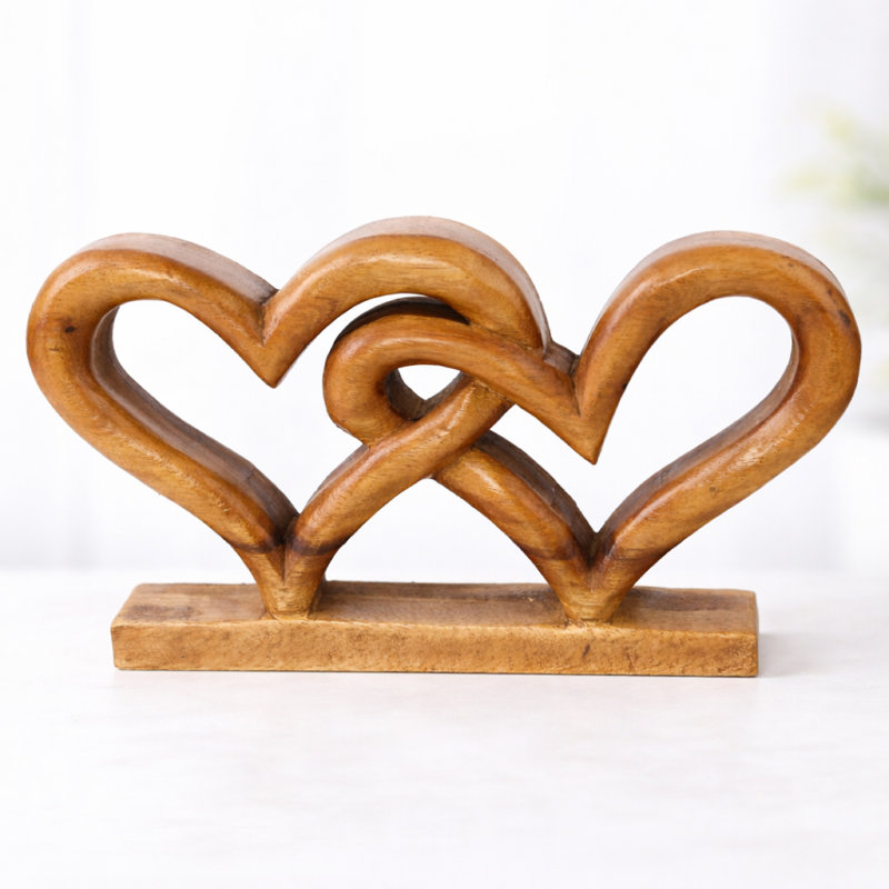 Delamare Hearts Handmade Sculpture of Symbol of Love Valentines Day Decorative Natural Brown Acacia Wood