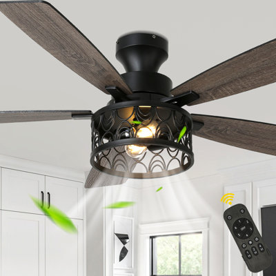 Ventilateur de plafond encastré noir 52 po avec lumière et télécommande, réversible à 6 vitesses pour le salon