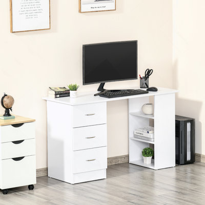 Poste de travail d'ordinateur avec 3 tiroirs et tablette de rangement - blanc