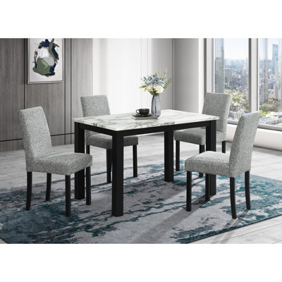 48 - Inch Rectangular Faux Marble Top Dining Table With  4  Grey Upholstered Solid Back Chairs, Wood + Main Material, Transitional Atmosphere Creation
