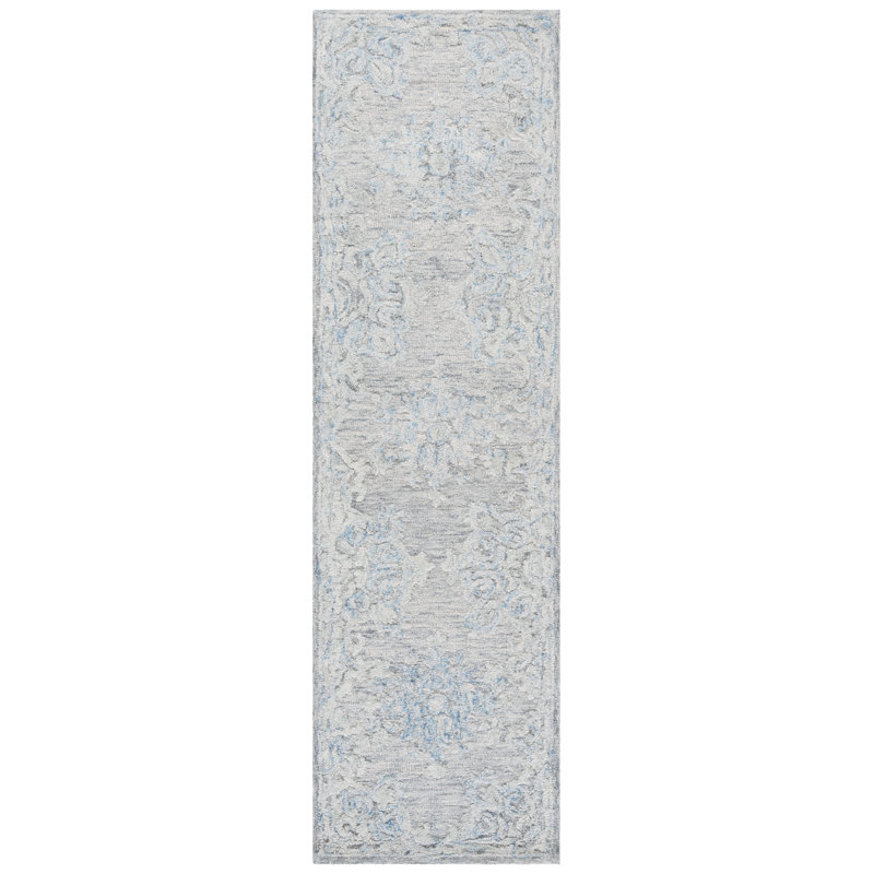 Tapis gris / bleu en laine / coton touffeté à la main Marquee 505, Tapis de couloir 2 pi 3 po x 8 pi