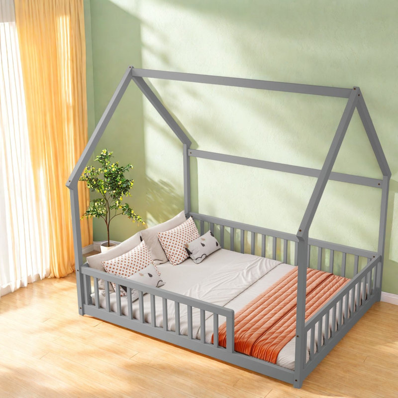 Lits House House, structure en bois de pin pleine grandeur avec garde-corps, chambre d'enfant moderne grise