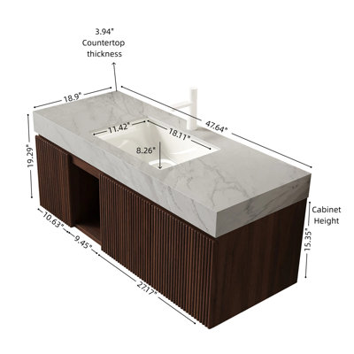 Meuble-lavabo suspendu de 122 cm (48 po), comptoir en pierre frittée couleur crème veinée or et lavabo en céramique avec 1 trou pré-percé pour robinetterie, démonté, sans robinetterie ni bonde.