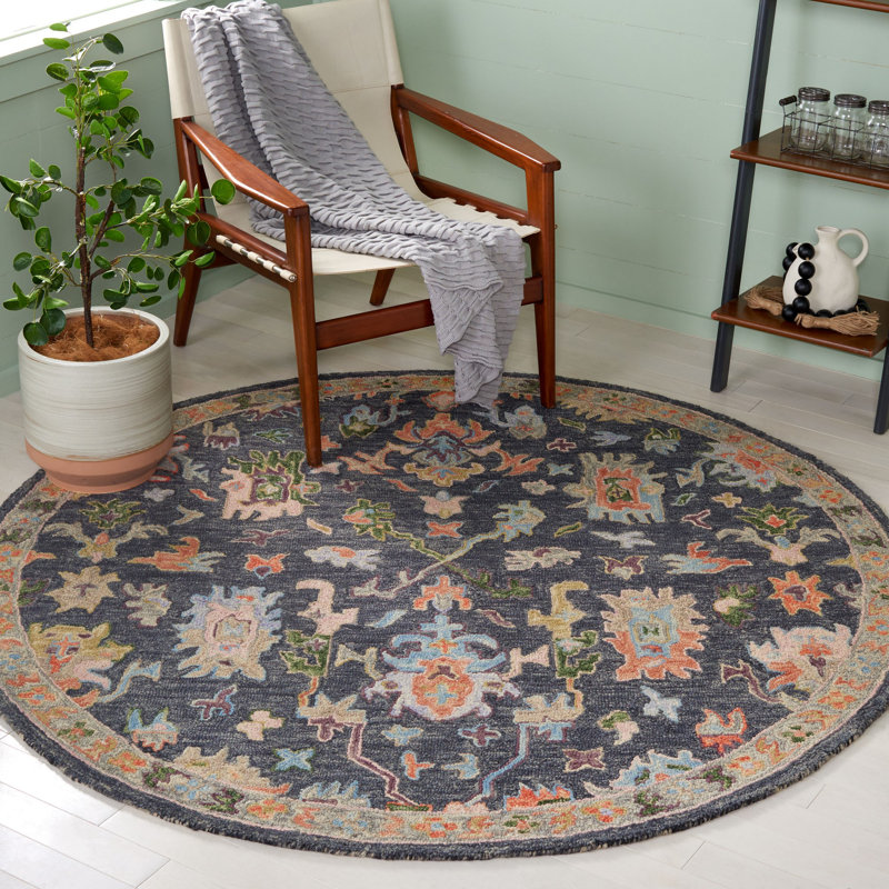 Karlise Hand Tufted Wool/Cotton Oriental Rug in Dark Gray/Sage, Round 6'