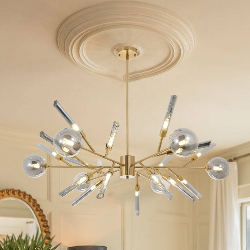 24-lights Dimmable Sputnik Gold Chandelier With Glass Shades, Smoke Gray