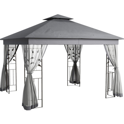 Pavillon de jardin à double toit 10 'x 11,5' avec arbre, gris, pour jardin, pelouse, cour arrière, auvent de tente de terrasse et construction